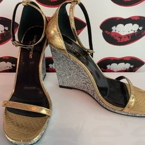 YSL Gold leather  n Silver Sequin Wedges